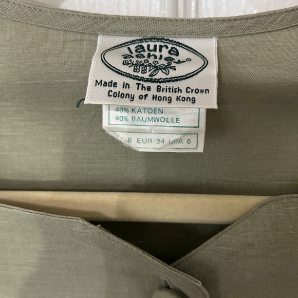 Vintage Laura Ashley Sage Green Linen Cotton Blend Pleated Dress - Picture 7 of 8